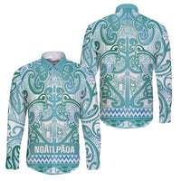 Aotearoa Iwi Ngati Paoa Family Matching Mermaid Dress and Hawaiian Shirt Maori Wharenui House Tribal Pattern LT9 Dad's Shirt - Long Sleeve Turquoise - Polynesian Pride