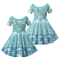 Aotearoa Iwi Ngati Paoa Family Matching Mermaid Dress and Hawaiian Shirt Maori Wharenui House Tribal Pattern LT9 Daughter's Dress Turquoise - Polynesian Pride