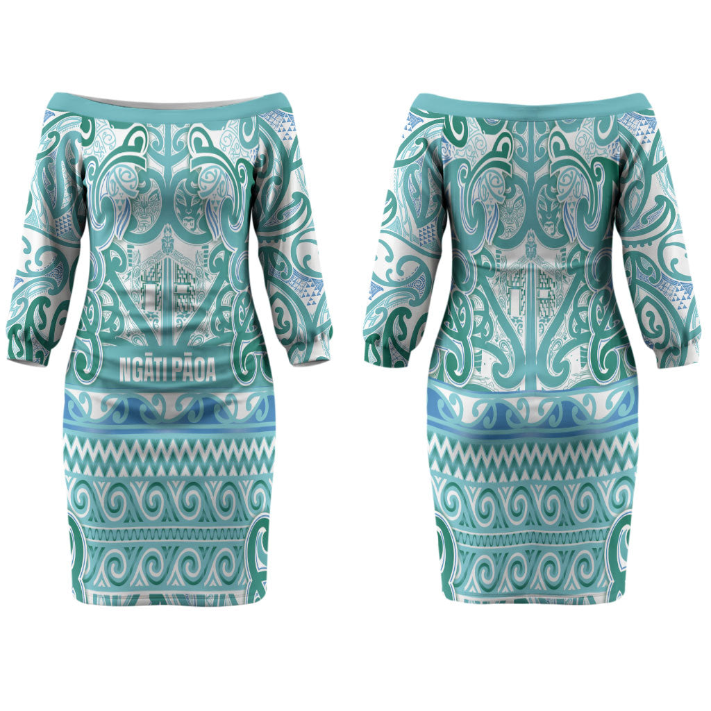 Aotearoa Iwi Ngati Paoa Family Matching Off The Shoulder Long Sleeve Dress and Hawaiian Shirt Maori Wharenui House Tribal Pattern LT9 Mom's Dress Turquoise - Polynesian Pride
