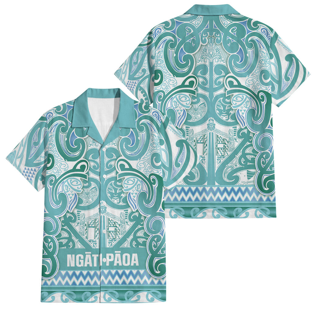 Aotearoa Iwi Ngati Paoa Family Matching Off The Shoulder Long Sleeve Dress and Hawaiian Shirt Maori Wharenui House Tribal Pattern LT9 Dad's Shirt - Short Sleeve Turquoise - Polynesian Pride