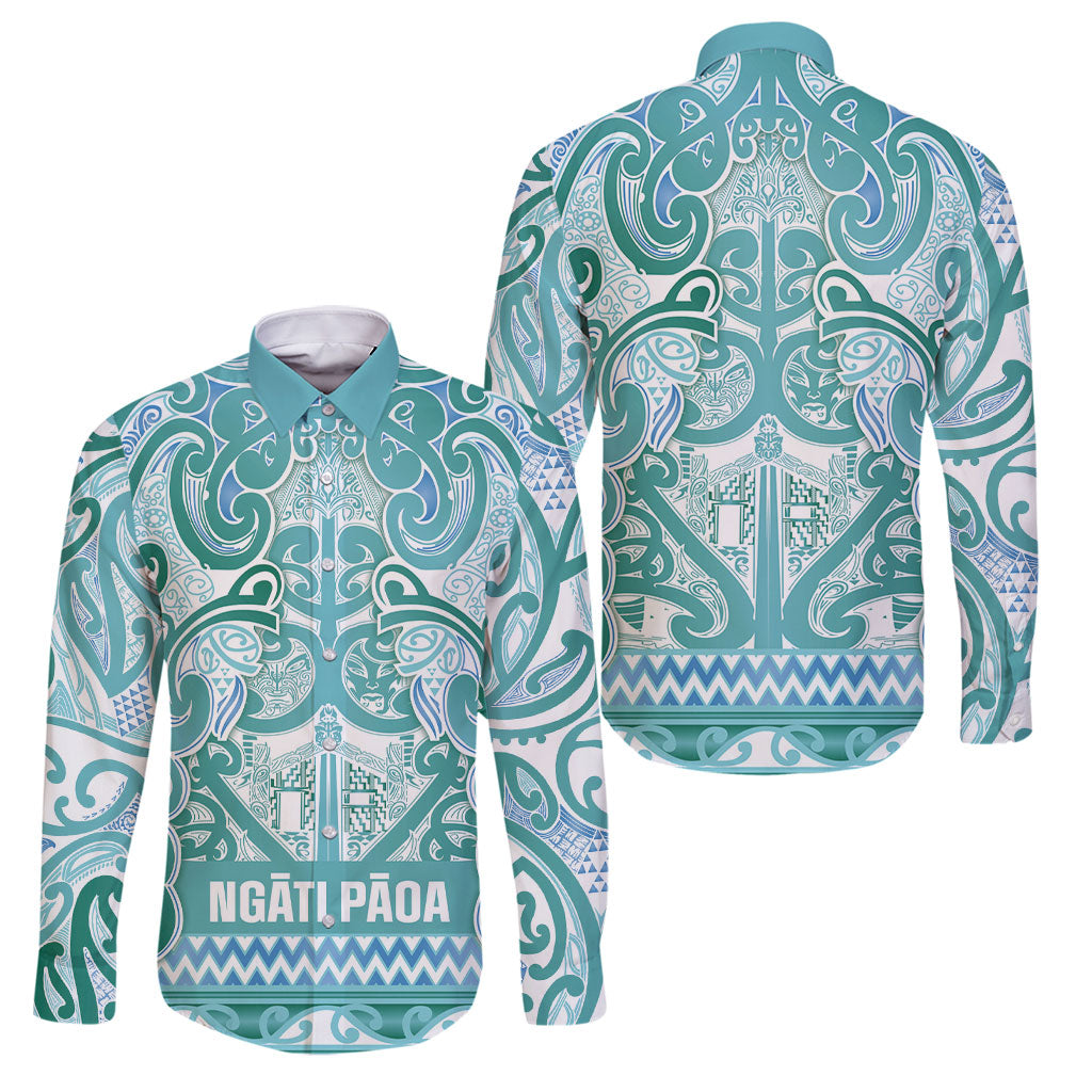 Aotearoa Iwi Ngati Paoa Family Matching Off The Shoulder Long Sleeve Dress and Hawaiian Shirt Maori Wharenui House Tribal Pattern LT9 Dad's Shirt - Long Sleeve Turquoise - Polynesian Pride