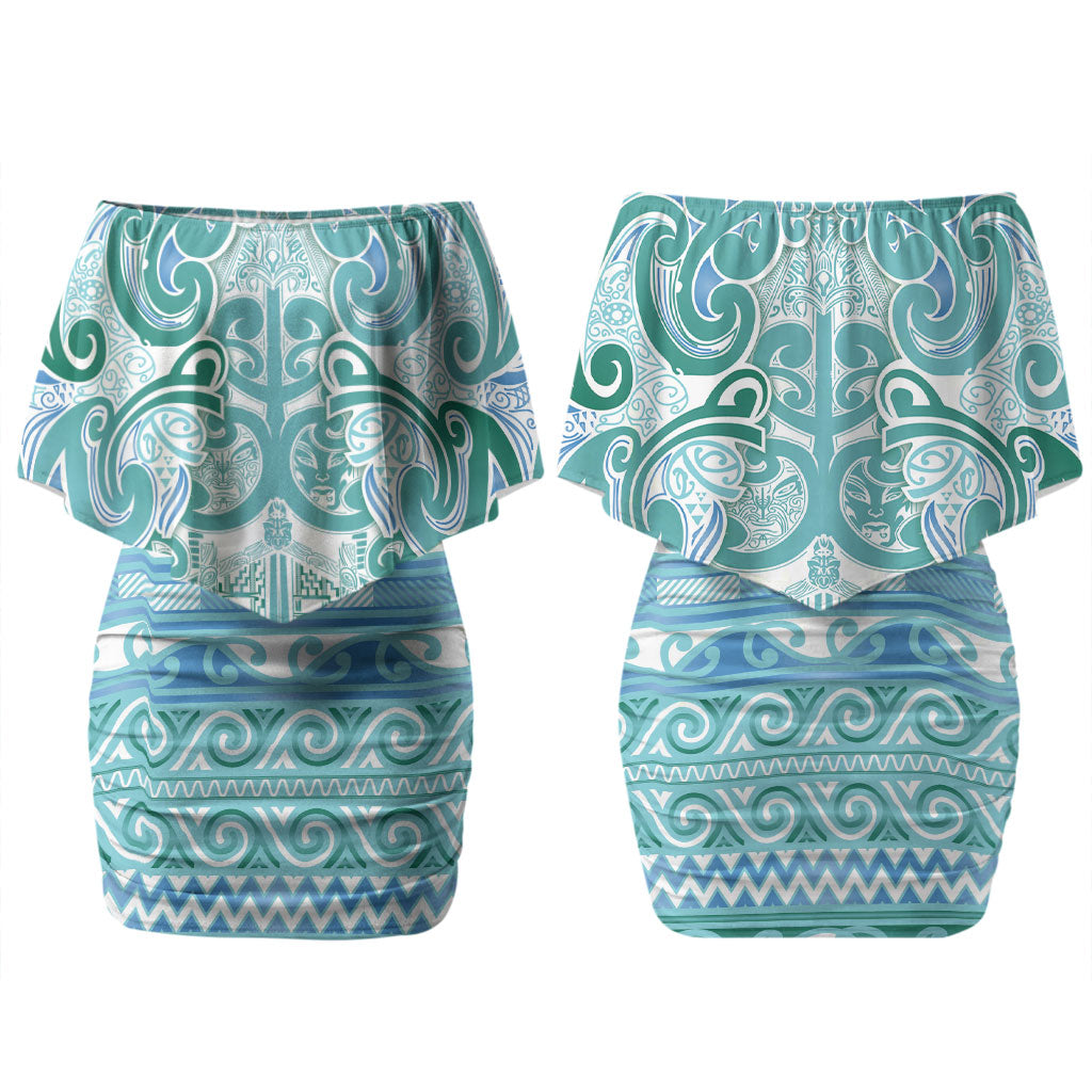 Aotearoa Iwi Ngati Paoa Family Matching Off Shoulder Short Dress and Hawaiian Shirt Maori Wharenui House Tribal Pattern LT9 Mom's Dress Turquoise - Polynesian Pride