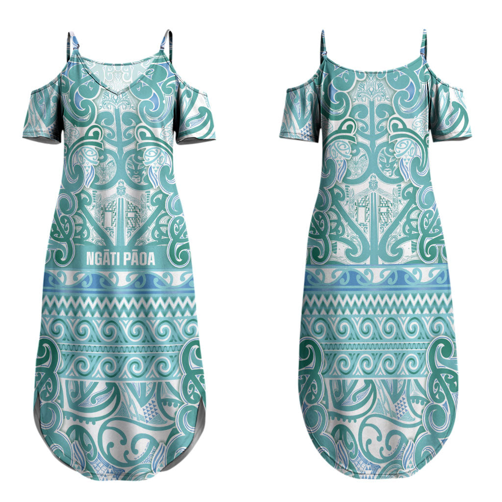 Aotearoa Iwi Ngati Paoa Family Matching Summer Maxi Dress and Hawaiian Shirt Maori Wharenui House Tribal Pattern LT9 Mom's Dress Turquoise - Polynesian Pride