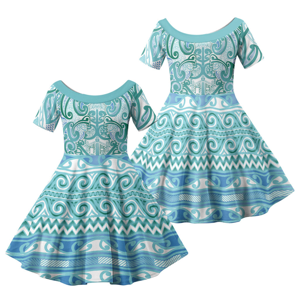 Aotearoa Iwi Ngati Paoa Family Matching Summer Maxi Dress and Hawaiian Shirt Maori Wharenui House Tribal Pattern LT9 Daughter's Dress Turquoise - Polynesian Pride