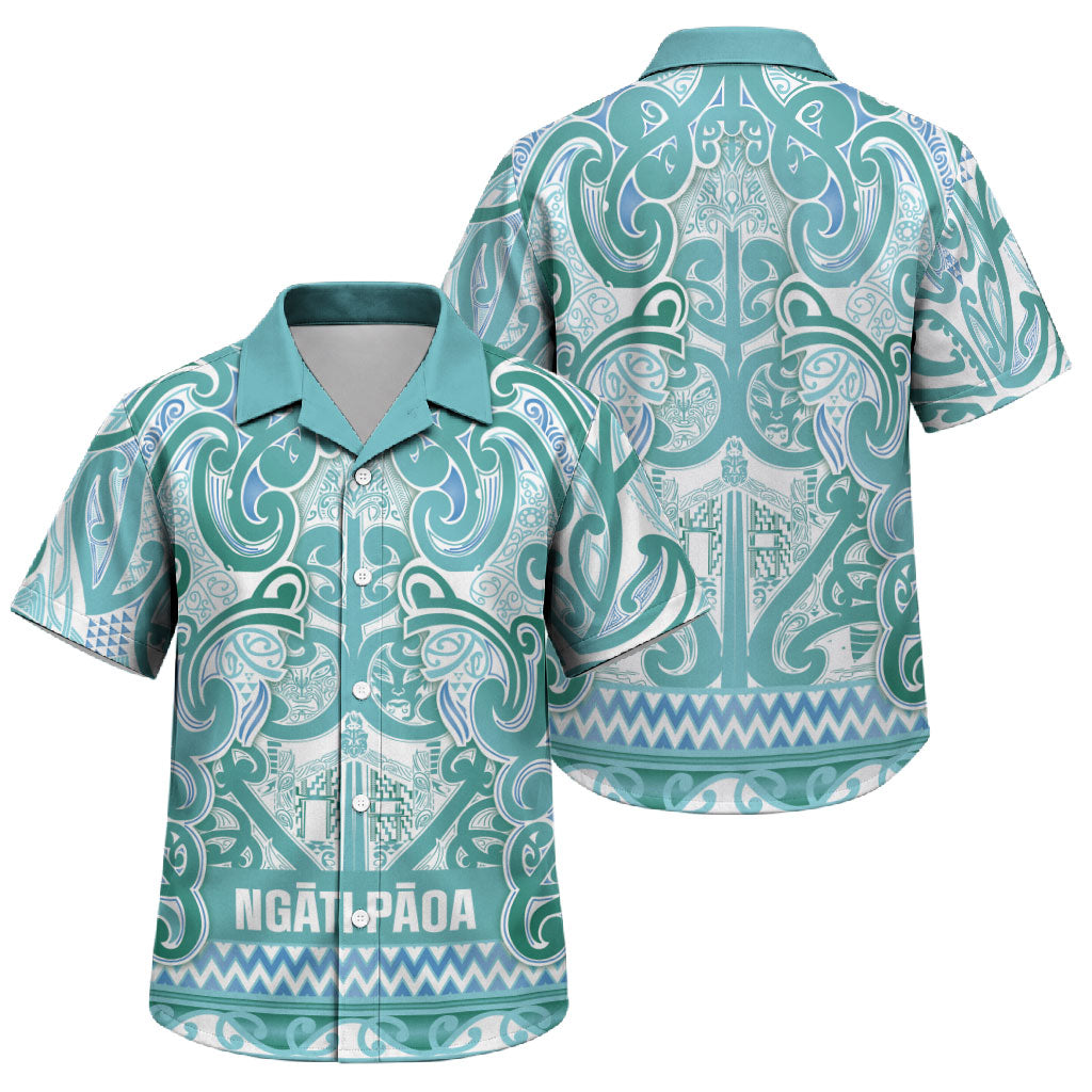 Aotearoa Iwi Ngati Paoa Family Matching Summer Maxi Dress and Hawaiian Shirt Maori Wharenui House Tribal Pattern LT9 Son's Shirt Turquoise - Polynesian Pride