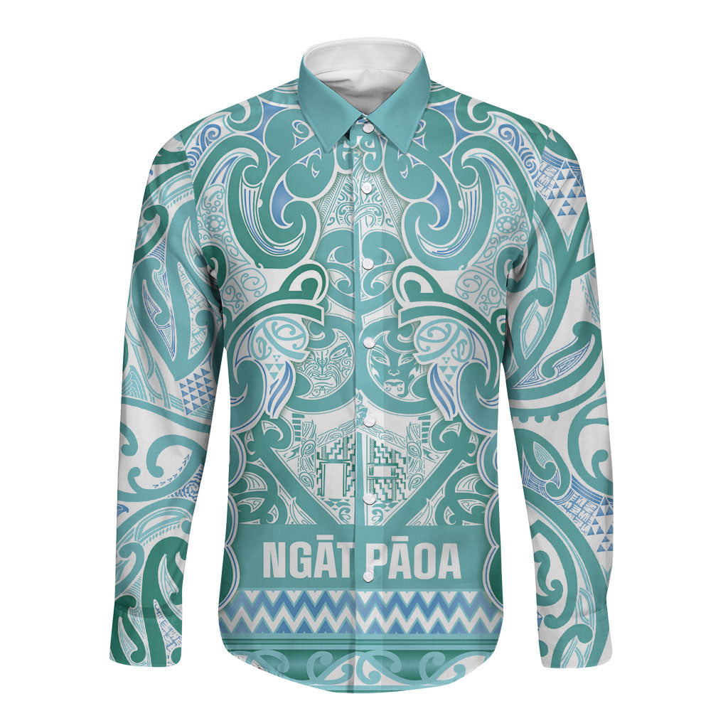 Aotearoa Iwi Ngati Paoa Long Sleeve Button Shirt Maori Wharenui House Tribal Pattern LT9 Unisex Turquoise - Polynesian Pride