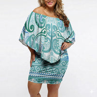 Aotearoa Iwi Ngati Paoa Off Shoulder Short Dress Maori Wharenui House Tribal Pattern LT9 Women Turquoise - Polynesian Pride