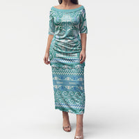 Aotearoa Iwi Ngati Paoa Puletasi Maori Wharenui House Tribal Pattern LT9 Long Dress Turquoise - Polynesian Pride