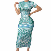Aotearoa Iwi Ngati Paoa Short Sleeve Bodycon Dress Maori Wharenui House Tribal Pattern LT9 Long Dress Turquoise - Polynesian Pride