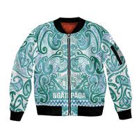 Aotearoa Iwi Ngati Paoa Sleeve Zip Bomber Jacket Maori Wharenui House Tribal Pattern LT9 Unisex Turquoise - Polynesian Pride