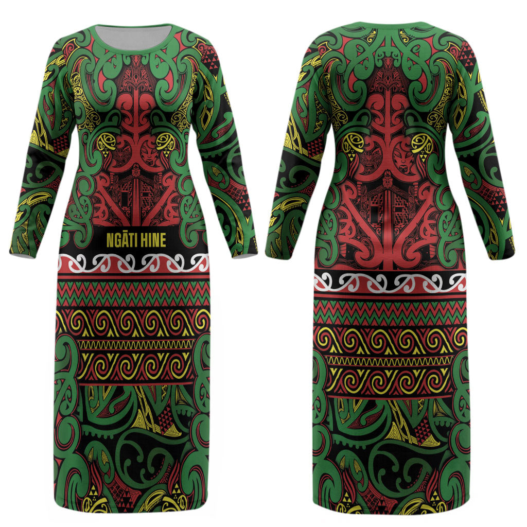 Aotearoa Iwi Ngati Hine Couples Matching Long Sleeve Bodycon Dress and Hawaiian Shirt Maori Wharenui House Tribal Pattern LT9 - Polynesian Pride