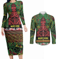 Aotearoa Iwi Ngati Hine Couples Matching Long Sleeve Bodycon Dress and Long Sleeve Button Shirt Maori Wharenui House Tribal Pattern LT9 Deep Green - Polynesian Pride