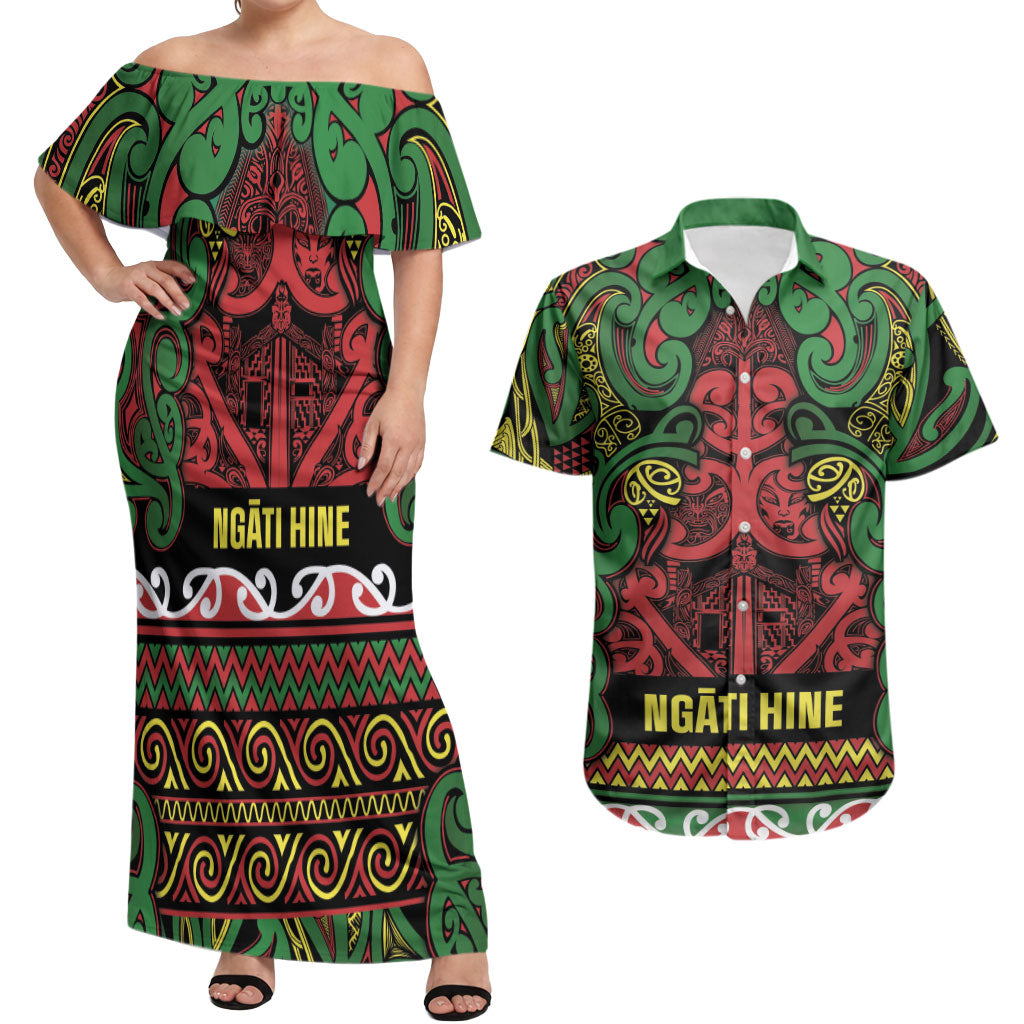 Aotearoa Iwi Ngati Hine Couples Matching Off Shoulder Maxi Dress and Hawaiian Shirt Maori Wharenui House Tribal Pattern LT9 Deep Green - Polynesian Pride