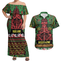 Aotearoa Iwi Ngati Hine Couples Matching Off Shoulder Maxi Dress and Hawaiian Shirt Maori Wharenui House Tribal Pattern LT9 Deep Green - Polynesian Pride