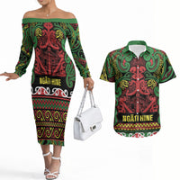 Aotearoa Iwi Ngati Hine Couples Matching Off The Shoulder Long Sleeve Dress and Hawaiian Shirt Maori Wharenui House Tribal Pattern LT9 Deep Green - Polynesian Pride