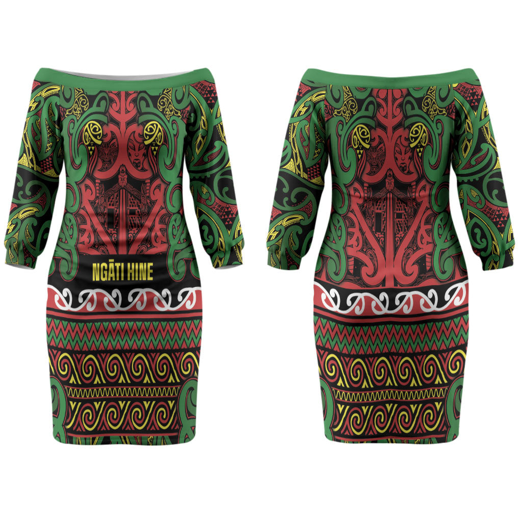 Aotearoa Iwi Ngati Hine Couples Matching Off The Shoulder Long Sleeve Dress and Hawaiian Shirt Maori Wharenui House Tribal Pattern LT9 - Polynesian Pride
