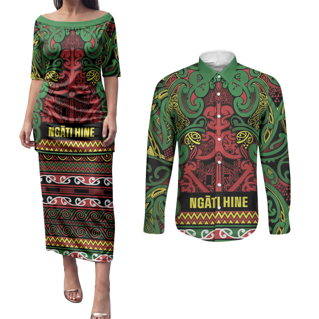 Aotearoa Iwi Ngati Hine Couples Matching Puletasi and Long Sleeve Button Shirt Maori Wharenui House Tribal Pattern LT9 Deep Green - Polynesian Pride