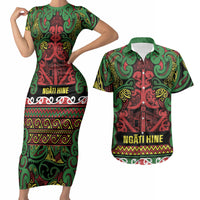 Aotearoa Iwi Ngati Hine Couples Matching Short Sleeve Bodycon Dress and Hawaiian Shirt Maori Wharenui House Tribal Pattern LT9 Deep Green - Polynesian Pride