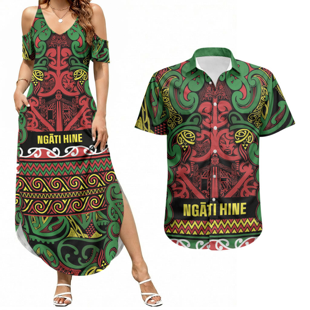 Aotearoa Iwi Ngati Hine Couples Matching Summer Maxi Dress and Hawaiian Shirt Maori Wharenui House Tribal Pattern LT9 Deep Green - Polynesian Pride