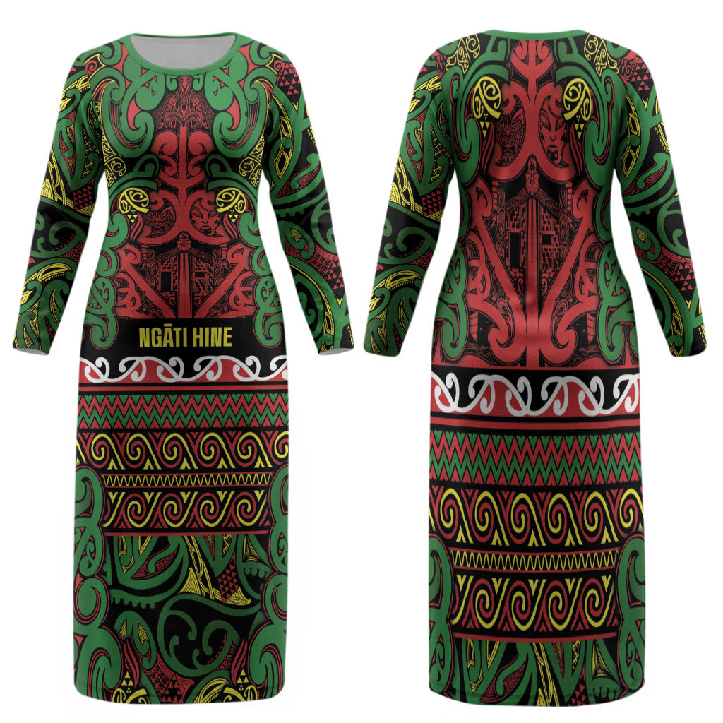 Aotearoa Iwi Ngati Hine Family Matching Long Sleeve Bodycon Dress and Hawaiian Shirt Maori Wharenui House Tribal Pattern LT9 Mom's Dress Deep Green - Polynesian Pride
