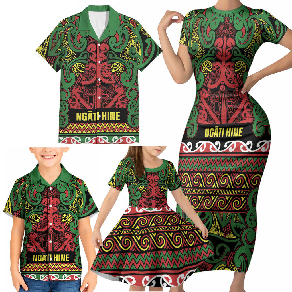Aotearoa Iwi Ngati Hine Family Matching Short Sleeve Bodycon Dress and Hawaiian Shirt Maori Wharenui House Tribal Pattern LT9 - Polynesian Pride