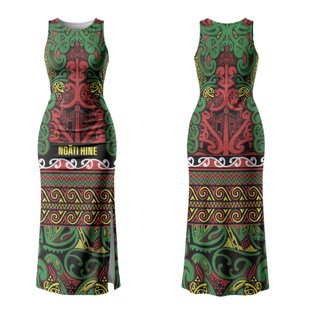 Aotearoa Iwi Ngati Hine Family Matching Tank Maxi Dress and Hawaiian Shirt Maori Wharenui House Tribal Pattern LT9 Mom's Dress Deep Green - Polynesian Pride