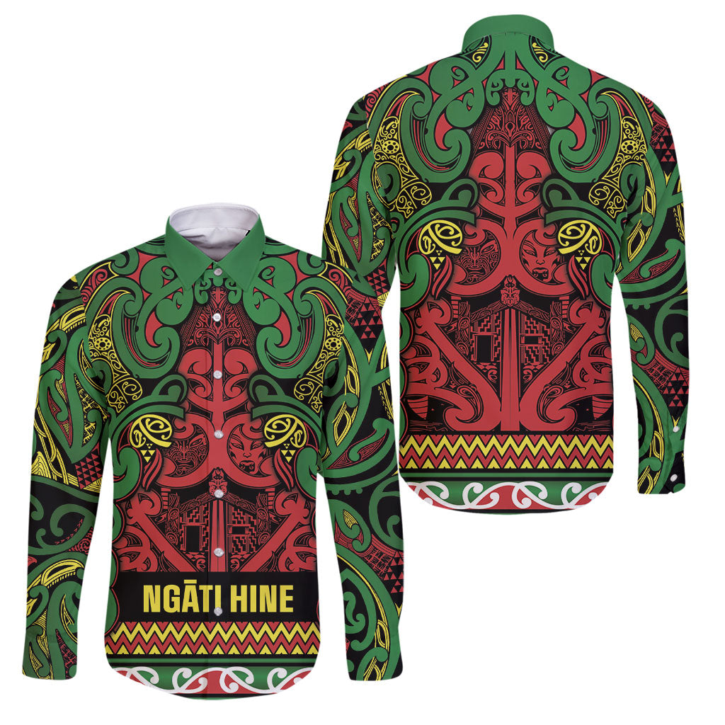 Aotearoa Iwi Ngati Hine Family Matching Tank Maxi Dress and Hawaiian Shirt Maori Wharenui House Tribal Pattern LT9 Dad's Shirt - Long Sleeve Deep Green - Polynesian Pride