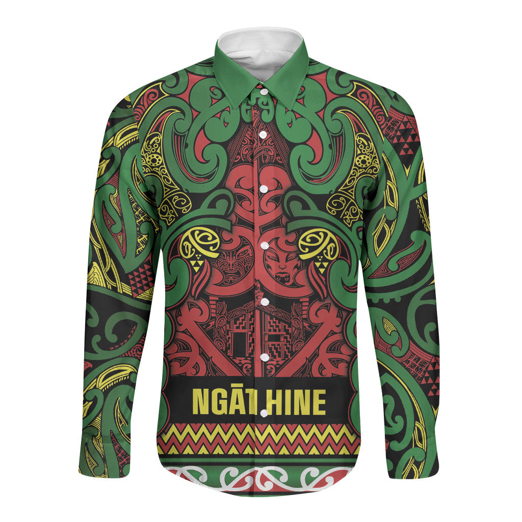 Aotearoa Iwi Ngati Hine Long Sleeve Button Shirt Maori Wharenui House Tribal Pattern LT9 Unisex Deep Green - Polynesian Pride