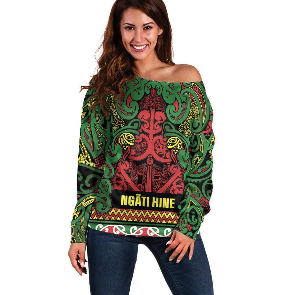 Aotearoa Iwi Ngati Hine Off Shoulder Sweater Maori Wharenui House Tribal Pattern LT9 Women Deep Green - Polynesian Pride