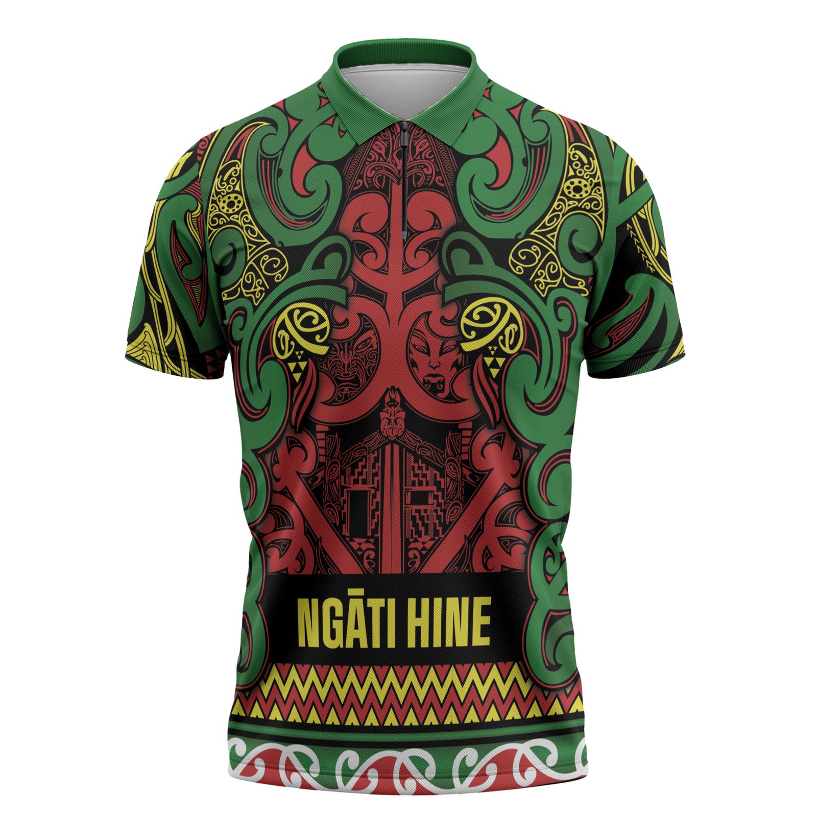 Aotearoa Iwi Ngati Hine Zipper Polo Shirt Maori Wharenui House Tribal Pattern LT9 Deep Green - Polynesian Pride