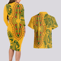 Africa Dashiki Couples Matching Long Sleeve Bodycon Dress and Hawaiian Shirt African Tribal Art Mixed Polynesian Tattoo Gold Color Unique LT9 - Polynesian Pride
