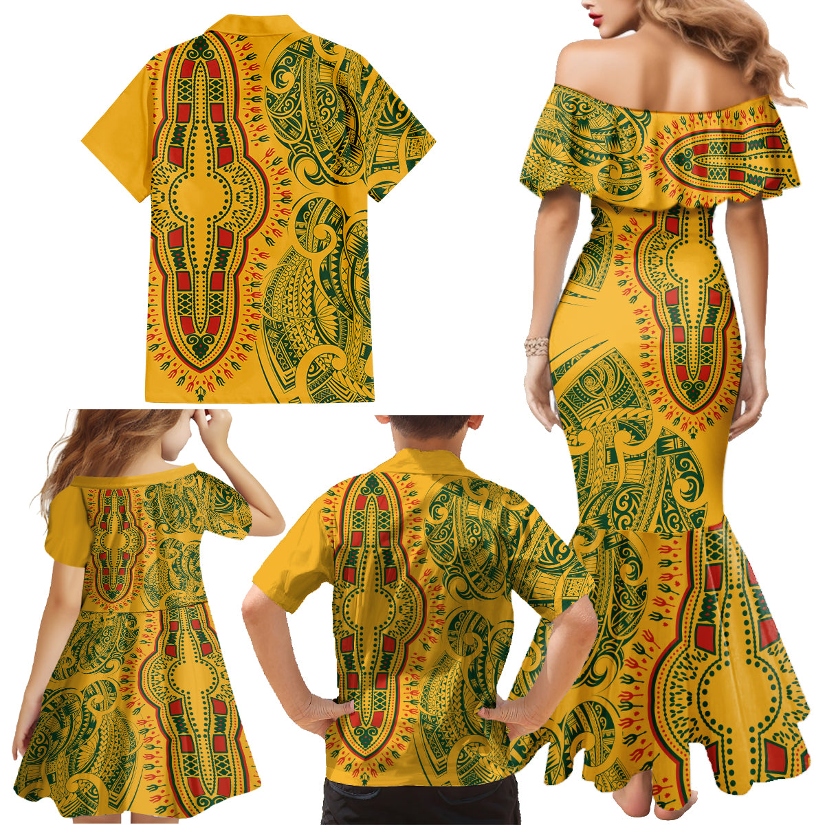 Africa Dashiki Family Matching Mermaid Dress and Hawaiian Shirt African Tribal Art Mixed Polynesian Tattoo Gold Color Unique LT9 - Polynesian Pride