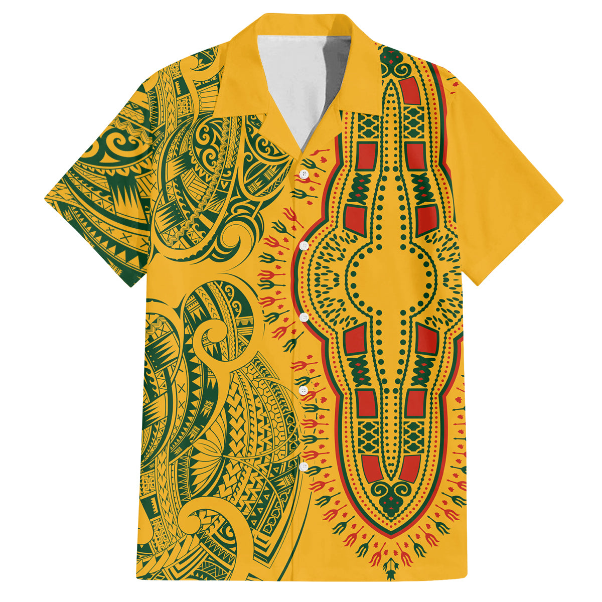Africa Dashiki Family Matching Off Shoulder Long Sleeve Dress and Hawaiian Shirt African Tribal Art Mixed Polynesian Tattoo Gold Color Unique LT9 Dad's Shirt - Short Sleeve Gold - Polynesian Pride
