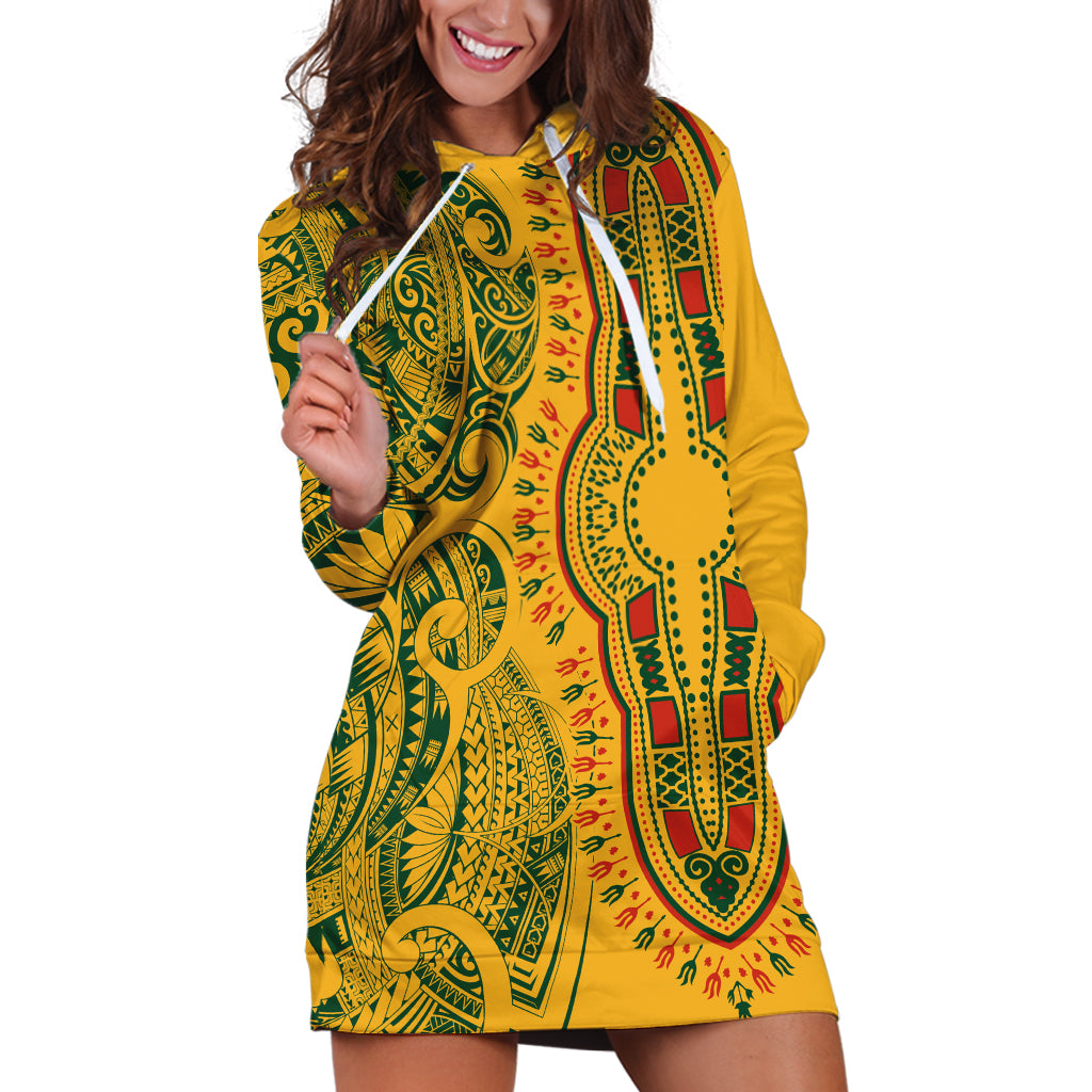 Africa Dashiki Hoodie Dress African Tribal Art Mixed Polynesian Tattoo Gold Color Unique LT9 Gold - Polynesian Pride