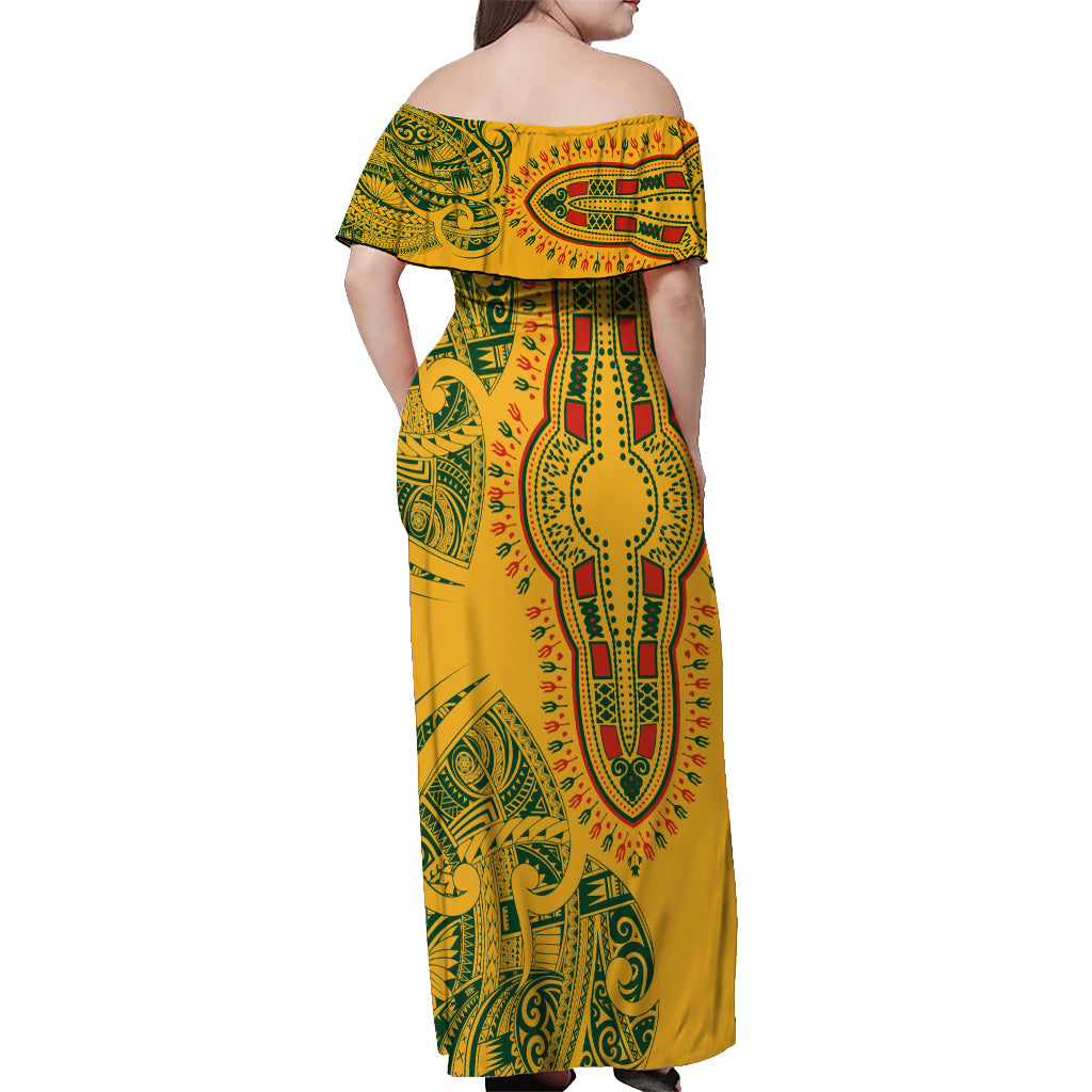 Africa Dashiki Off Shoulder Maxi Dress African Tribal Art Mixed Polynesian Tattoo Gold Color Unique LT9 - Polynesian Pride
