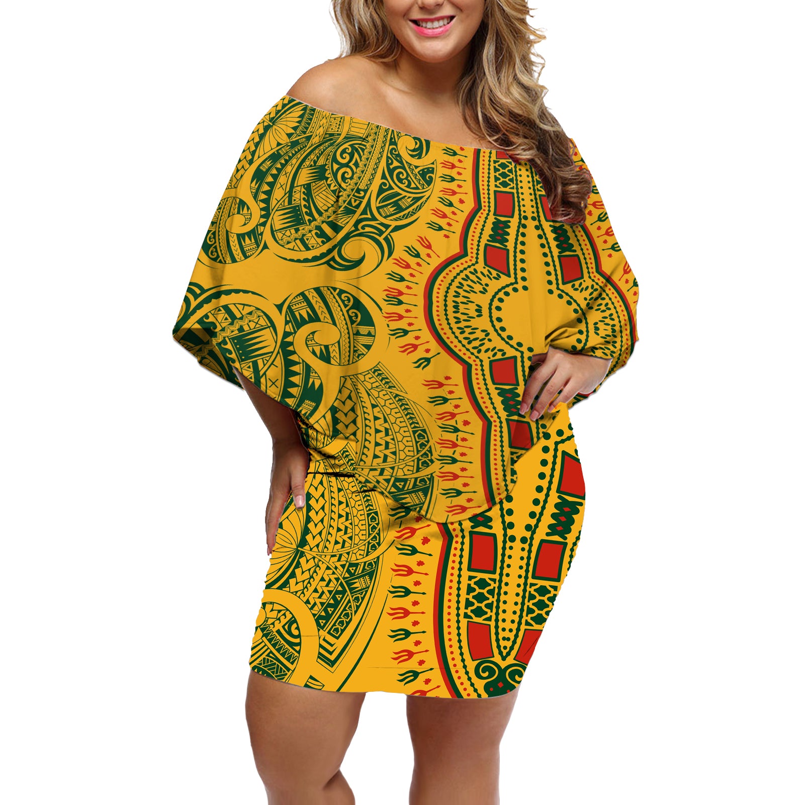 Africa Dashiki Off Shoulder Short Dress African Tribal Art Mixed Polynesian Tattoo Gold Color Unique LT9 Women Gold - Polynesian Pride