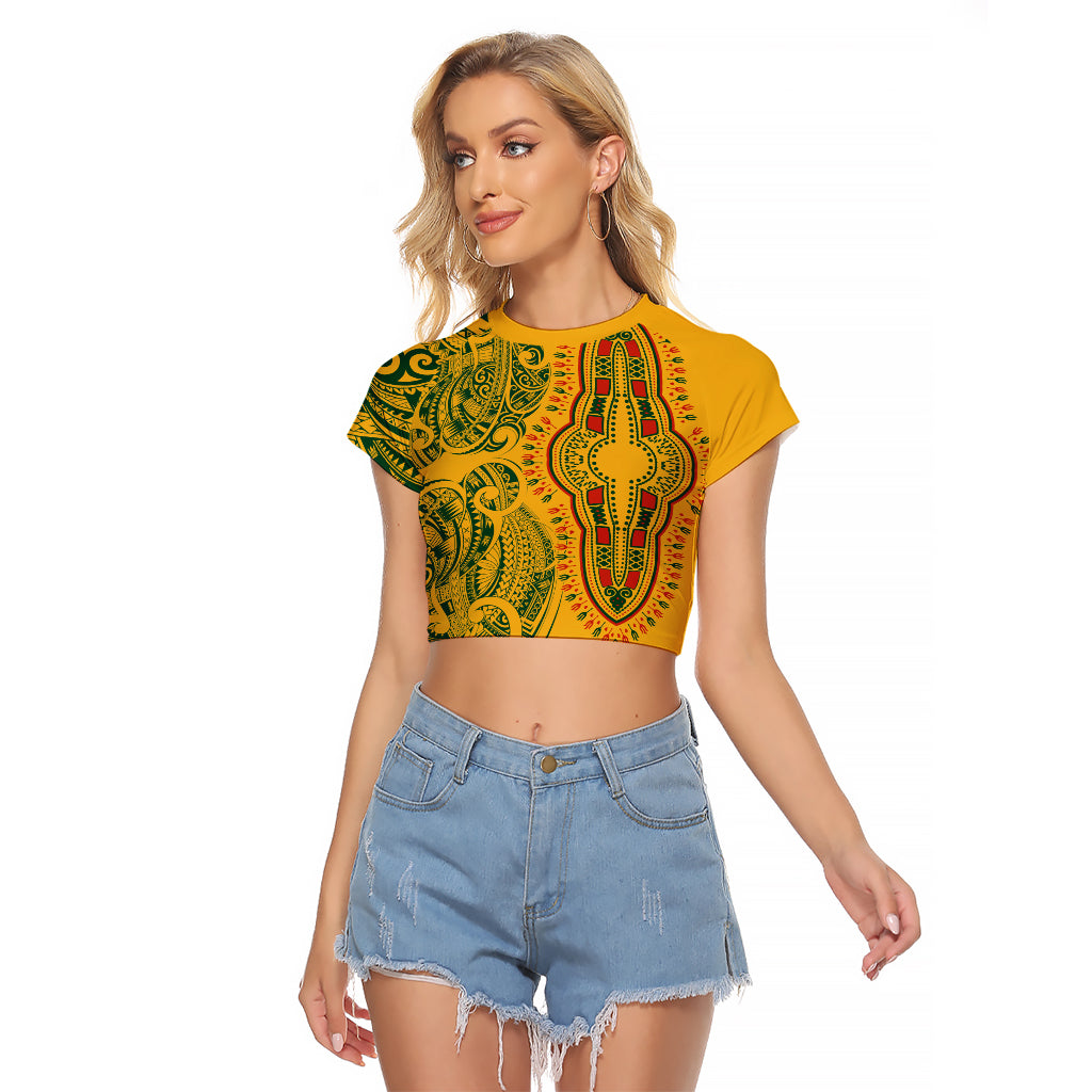 Africa Dashiki Raglan Cropped T Shirt African Tribal Art Mixed Polynesian Tattoo Gold Color Unique LT9 Female Gold - Polynesian Pride
