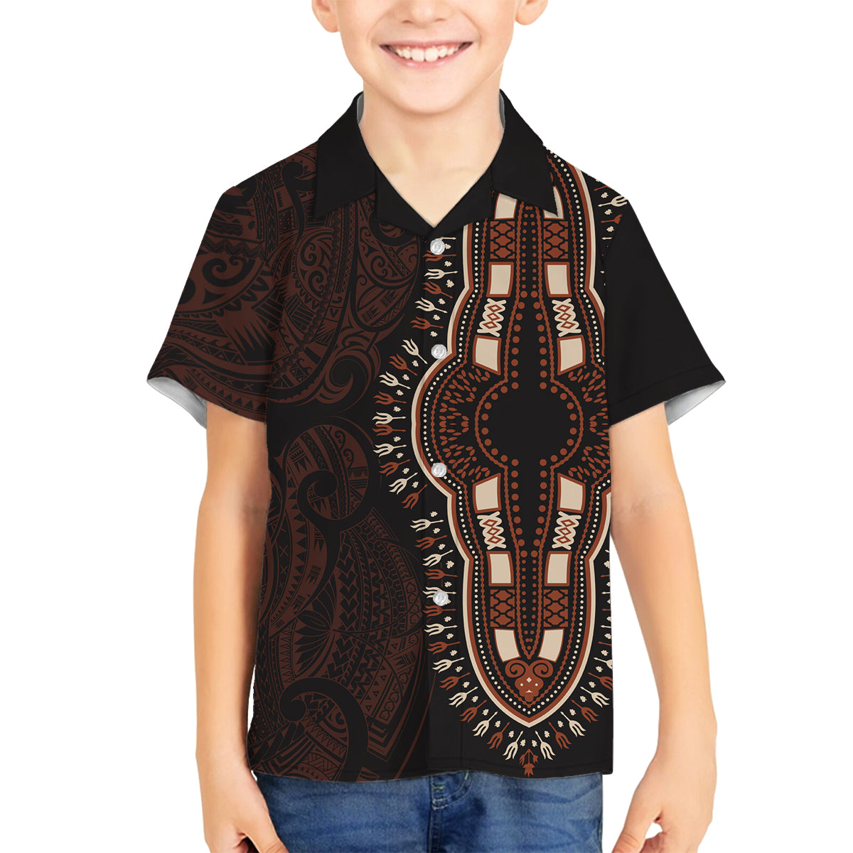 Africa Dashiki Family Matching Long Sleeve Bodycon Dress and Hawaiian Shirt African Tribal Art Mixed Polynesian Tattoo Red Color Unique LT9 Son's Shirt Red - Polynesian Pride
