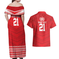 Custom Mate Ma'a Tonga Heritage Couples Matching Off Shoulder Maxi Dress and Hawaiian Shirt Pacific Tribal Rugby Red Edition - Polynesian Pride
