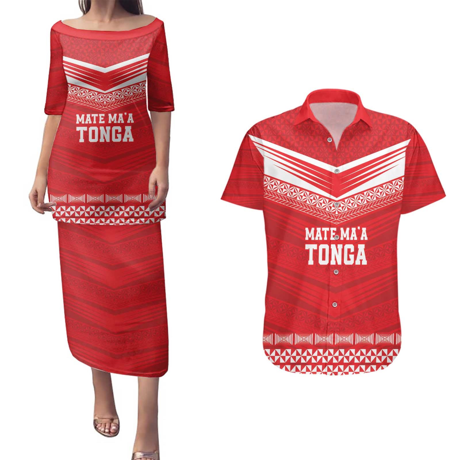 Custom Mate Ma'a Tonga Heritage Couples Matching Puletasi and Hawaiian Shirt Pacific Tribal Rugby Red Edition - Polynesian Pride
