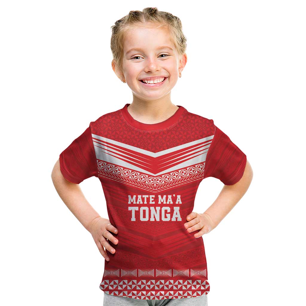 Custom Mate Ma'a Tonga Heritage Kid T Shirt Pacific Tribal Rugby Red Edition - Polynesian Pride