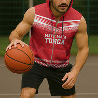 Custom Mate Ma'a Tonga Heritage Sleeveless Zip Hoodie Pacific Tribal Rugby Red Edition - Polynesian Pride