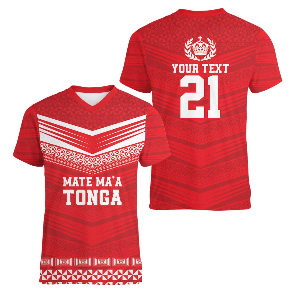Custom Mate Ma'a Tonga Heritage Women V-Neck T-Shirt Pacific Tribal Rugby Red Edition - Polynesian Pride
