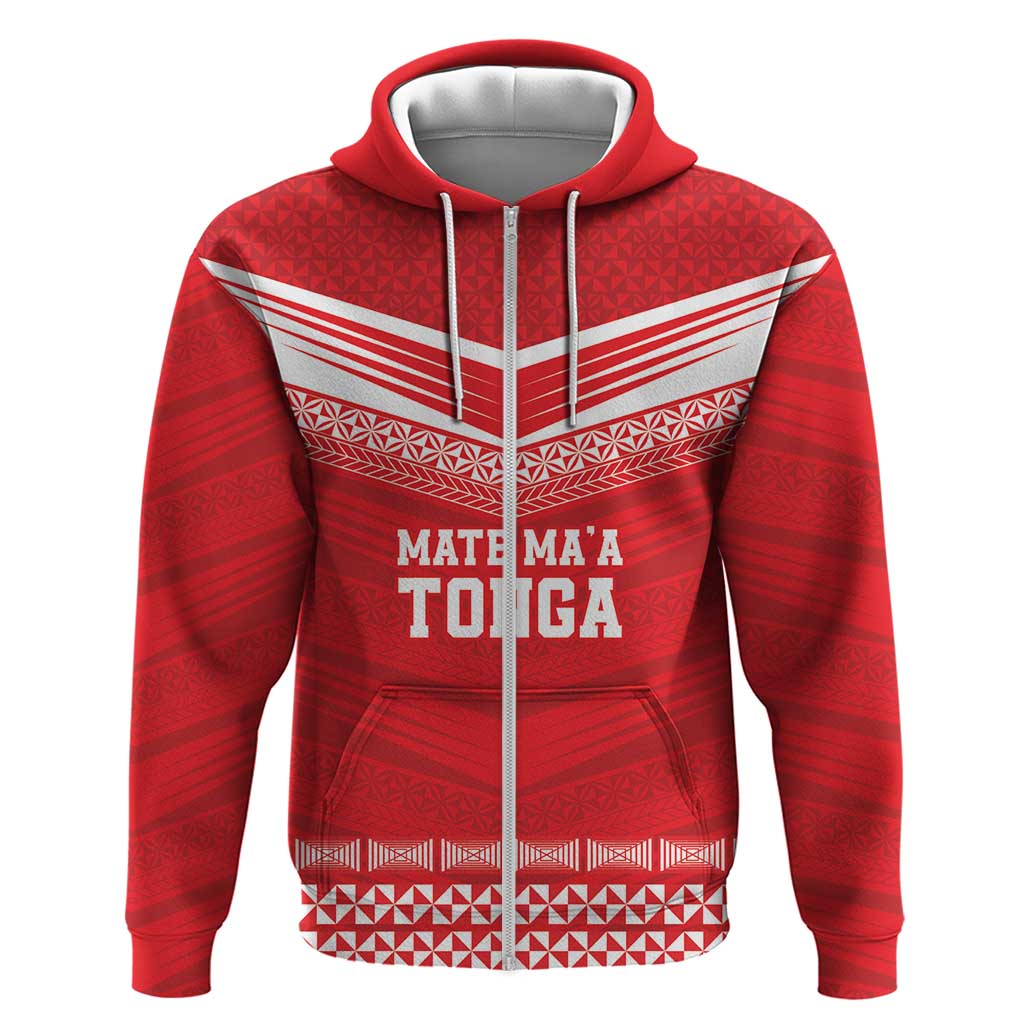 Custom Mate Ma'a Tonga Heritage Zip Hoodie Pacific Tribal Rugby Red Edition - Polynesian Pride