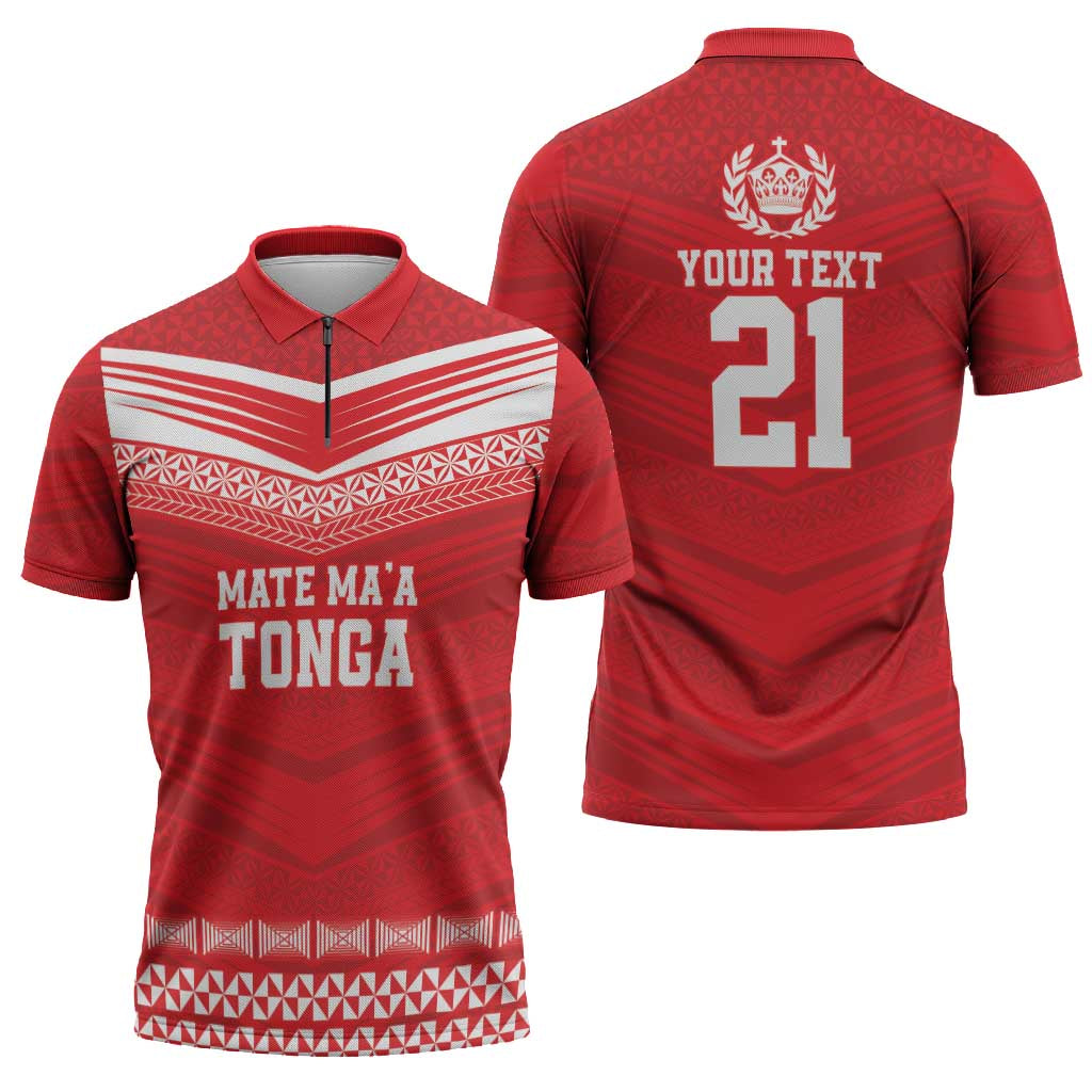 Custom Mate Ma'a Tonga Heritage Zipper Polo Shirt Pacific Tribal Rugby Red Edition - Polynesian Pride