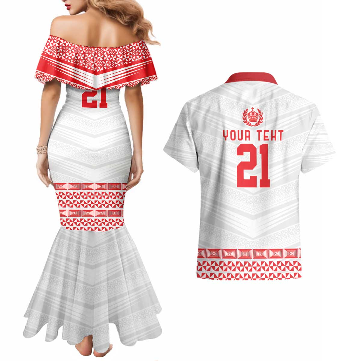 Custom Mate Ma'a Tonga Heritage Couples Matching Mermaid Dress and Hawaiian Shirt Pacific Tribal Rugby White Edition - Polynesian Pride