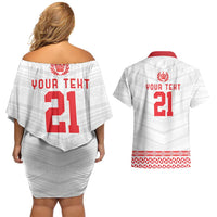 Custom Mate Ma'a Tonga Heritage Couples Matching Off Shoulder Short Dress and Hawaiian Shirt Pacific Tribal Rugby White Edition - Polynesian Pride