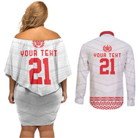 Custom Mate Ma'a Tonga Heritage Couples Matching Off Shoulder Short Dress and Long Sleeve Button Shirt Pacific Tribal Rugby White Edition - Polynesian Pride