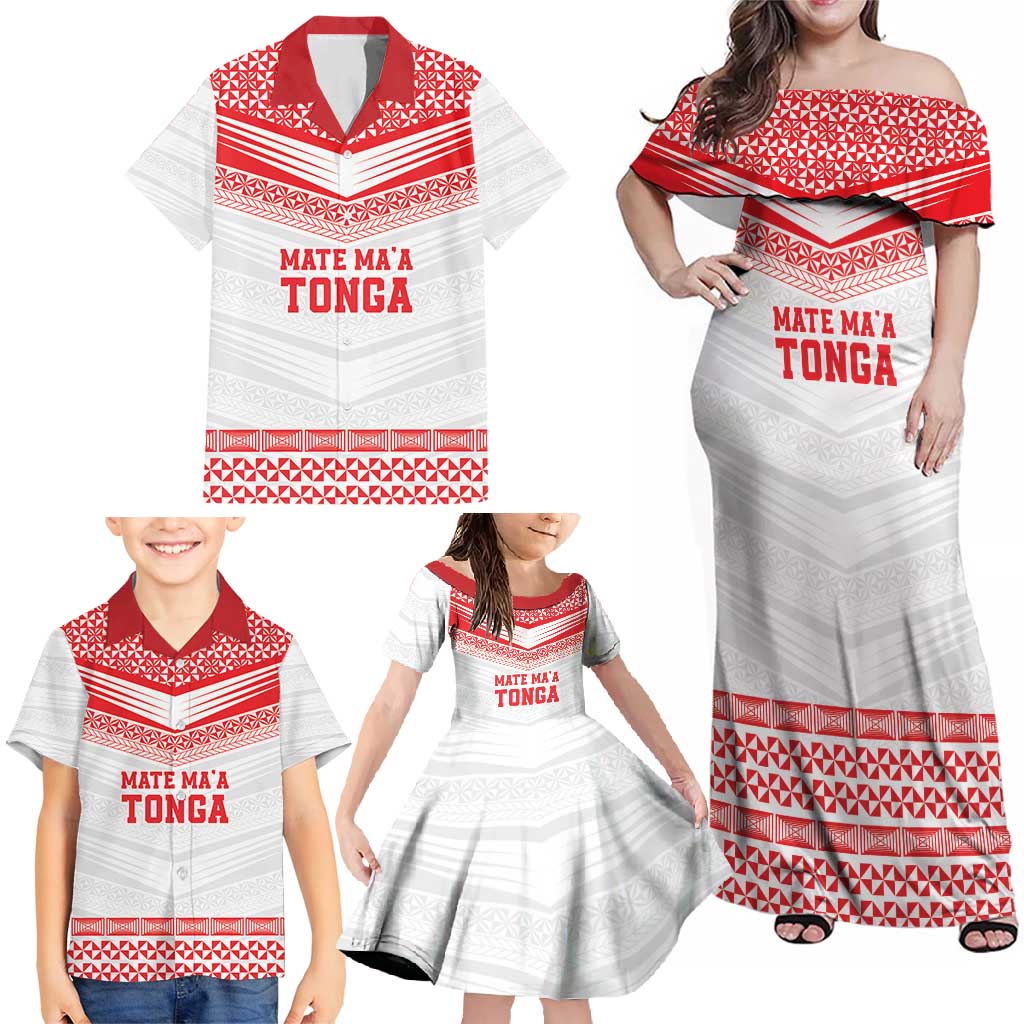 Custom Mate Ma'a Tonga Heritage Family Matching Off Shoulder Maxi Dress and Hawaiian Shirt Pacific Tribal Rugby White Edition - Polynesian Pride