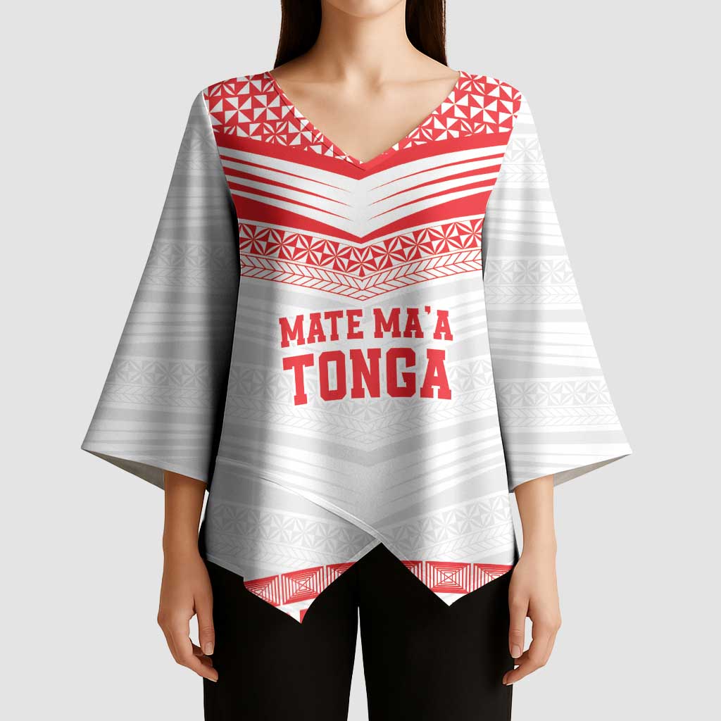 Custom Mate Ma'a Tonga Heritage Kimono Sleeve Blouse Pacific Tribal Rugby White Edition - Polynesian Pride